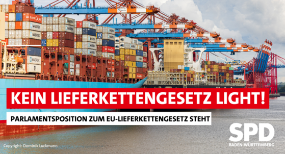 Bild eines Containerterminals in einem Hafen mit der Aufschrift: "Kein Lieferkettengesetz light! Parlamentsposition zum EU-Lieferkettengesetz steht"